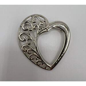 Silver Foiled Art Nouveau Openwork Filigree Spiral unmarked heart brooch pin